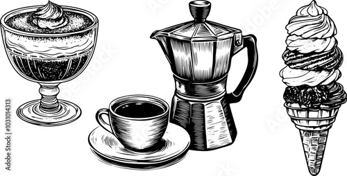 Vintage vector illustration set of a coffee cup, tiramisu and ice cream dessert.