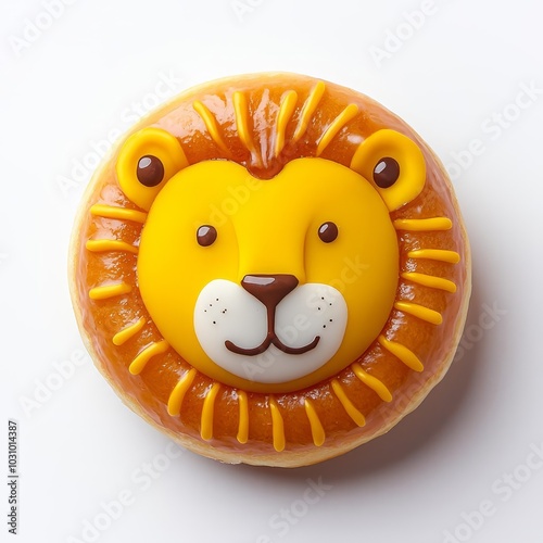 Single donut featuring a lion face, honey flavor, childfriendly, white background, bright and fun photo