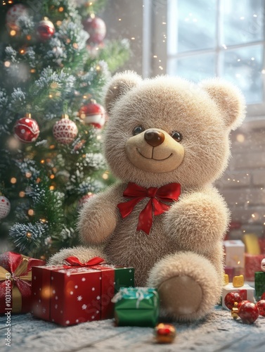 Adorable Christmas Teddy Bear Holding a Gift Box, Surrounded by Festive Decorations and Warm Holiday Lighting by the Christmas Tree, Ai Generation