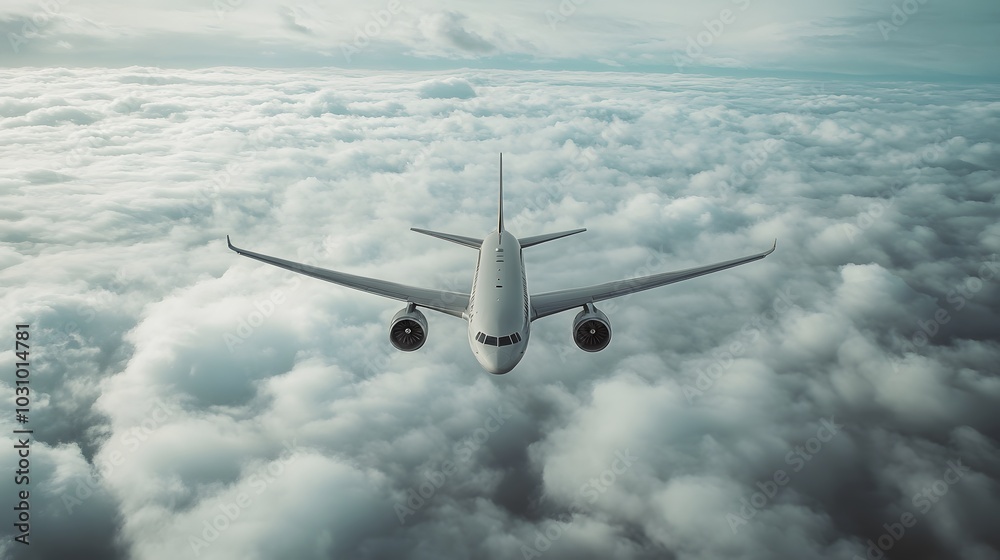 A white passenger plane flying in the sky, surrounded by clouds A white passenger plane flying in the sky, surrounded by clouds