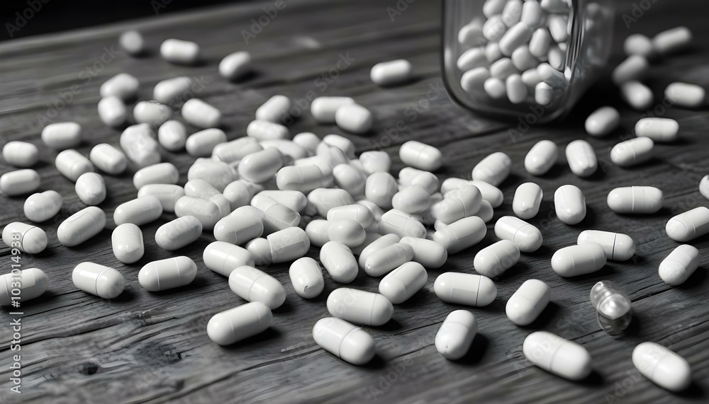 White medicine capsules on old wooden table. White medicine capsules on old wooden table.