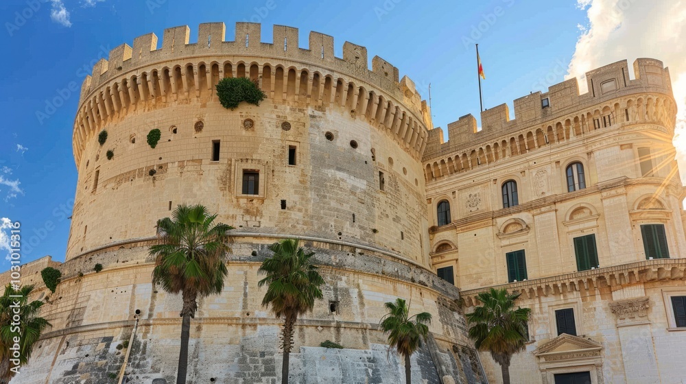 Obraz premium Ancient Stone Fortress with Palm Trees and Flagpole