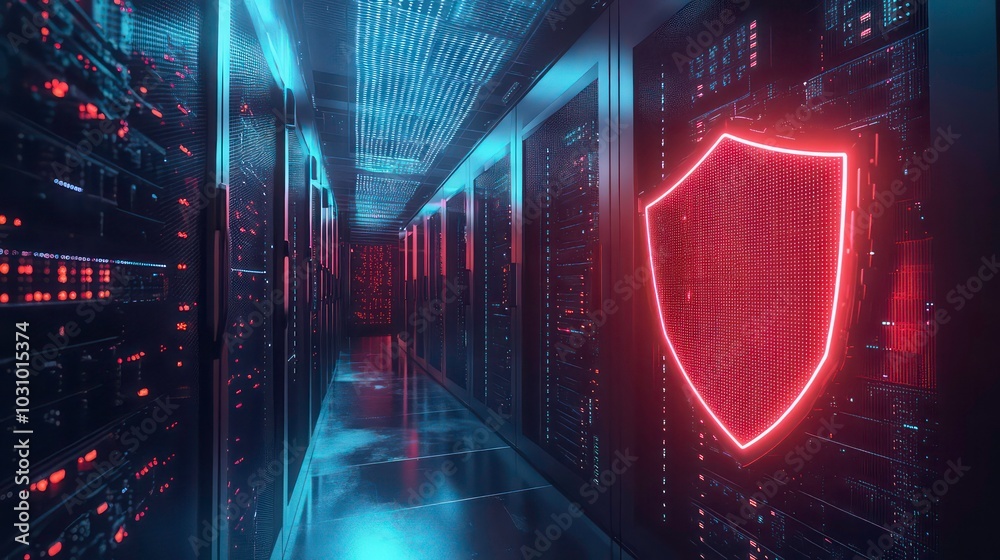 Naklejka premium A neon red shield glows in front of a server rack, representing data security and cybersecurity in a modern data center.