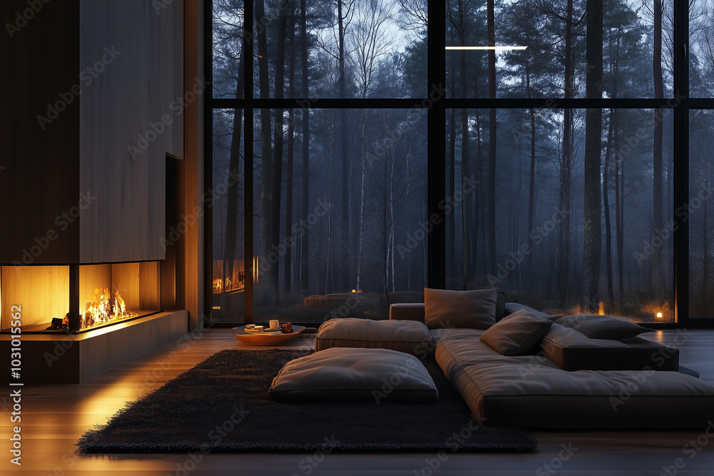 Fototapeta premium Cozy living room with a modern fireplace and sofa. Home interior design in Scandinavian style.