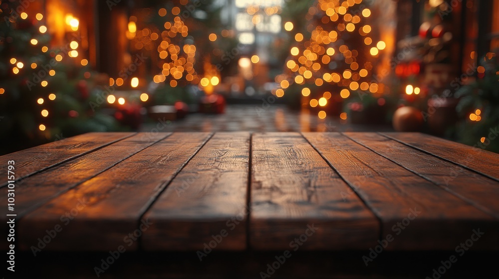Festive Scene of an Empty Wooden Table in a Christmas Decorated Room for Holiday Preparations Festive Scene of an Empty Wooden Table in a Christmas Decorated Room for Holiday Preparations