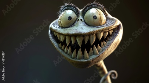 A 3D render of a creepy, cartoonish creature with a wide, toothy grin and large eyes.