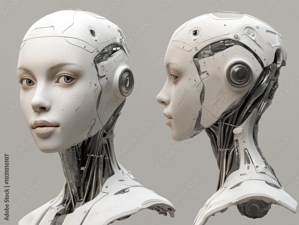 A 3D rendered image of a female android head, showing the intricate mechanical details of her construction. A 3D rendered image of a female android head, showing the intricate mechanical details of her construction.