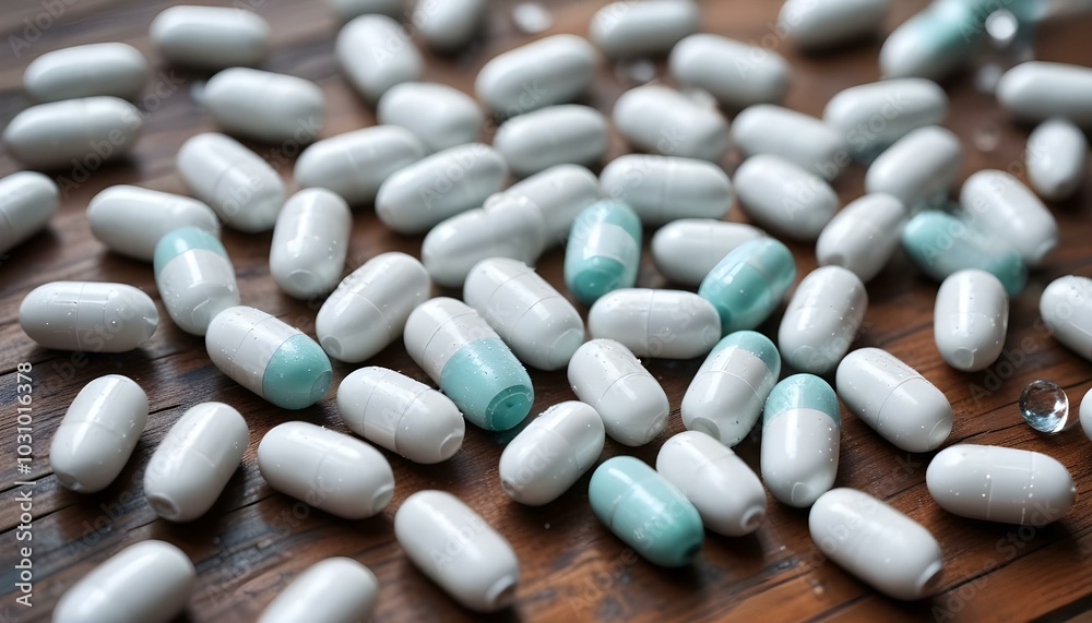 White medicine capsules on old wooden table. White medicine capsules on old wooden table.