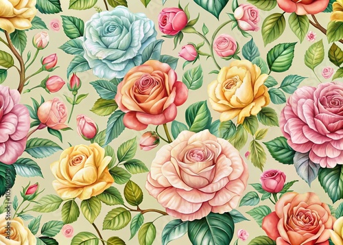 Vintage Rose Seamless Pattern in Pastel Colors - Watercolor Illustration for Backgrounds and Textiles
