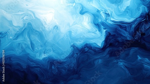 Abstract blue and white liquid background with flowing, swirling, and marbled textures.