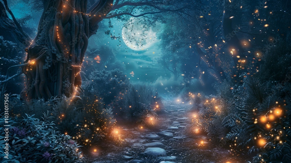 Enchanted Moonlit Forest Mystical Pathway Aglow with Fireflies Ideal for Fantasy Designs and Magical Themes Enchanted Moonlit Forest Mystical Pathway Aglow with Fireflies Ideal for Fantasy Designs and Magical Themes