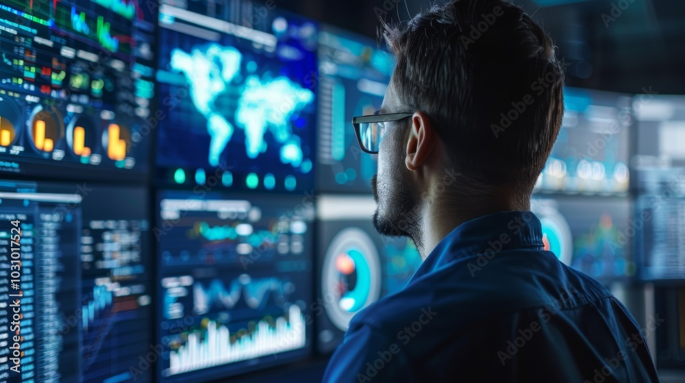 AI developer working on data models, surrounded by data visualizations AI developer working on data models, surrounded by data visualizations