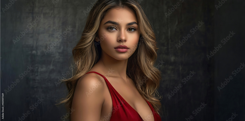 Blonde woman with wavy hair in red dress posing confidently in front of dark background. Blonde woman with wavy hair in red dress posing confidently in front of dark background.