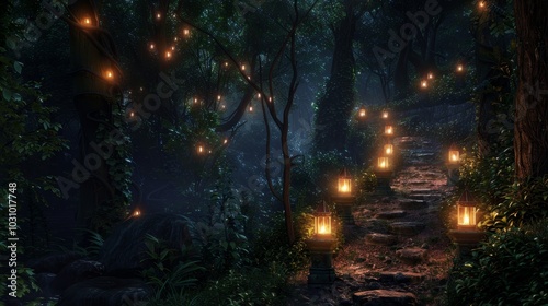 Enchanting Pathway Illuminated by Lanterns in a Magical Forest