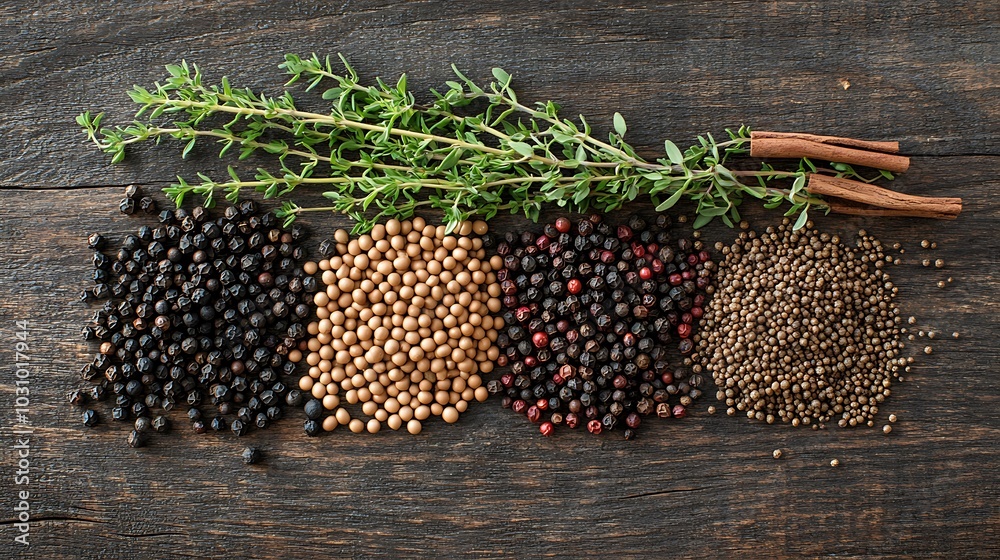 Fototapeta premium Flat lay of popular spices like black peppercorns, mustard seeds, and cinnamon sticks, placed on a rustic wooden table with a sprig of fresh thyme.