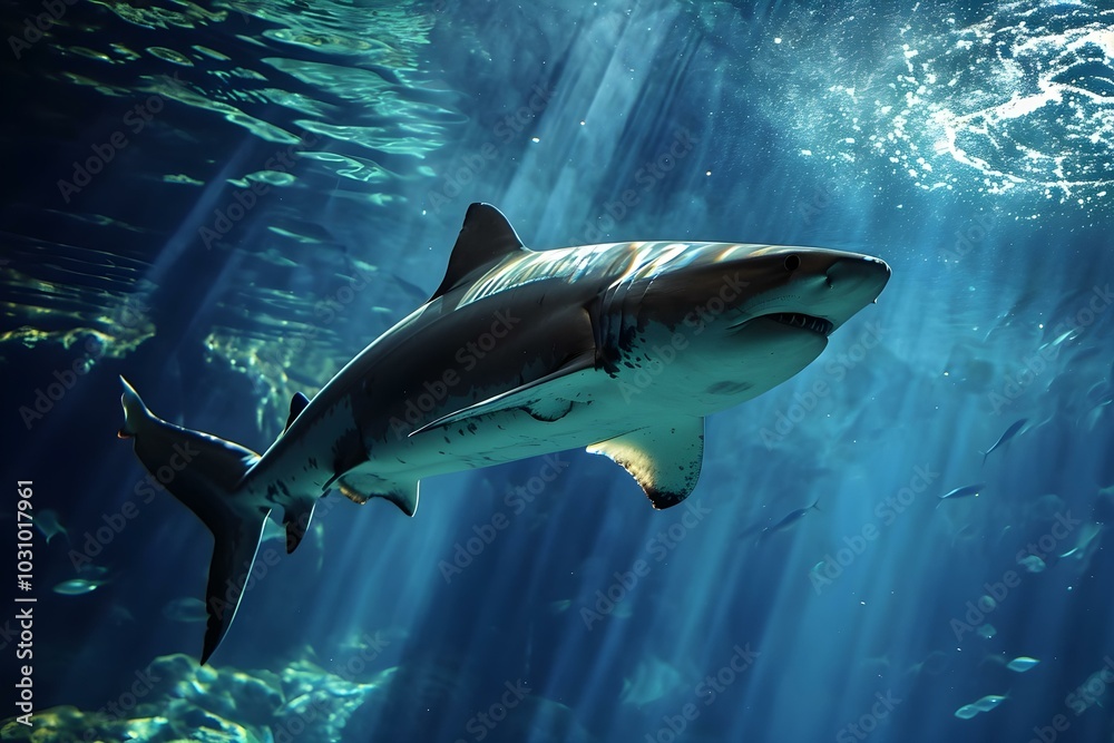 Fototapeta premium Shark swimming in deep blue ocean waters 