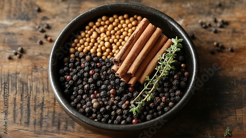 Flat lay of popular spices like black peppercorns, mustard seeds, and cinnamon sticks, placed on a rustic wooden table with a sprig of fresh thyme. photo