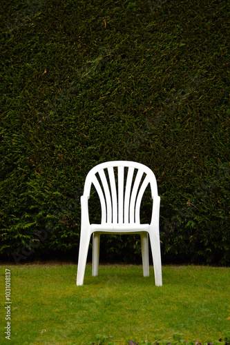 White chair in front of a hedge in the garden