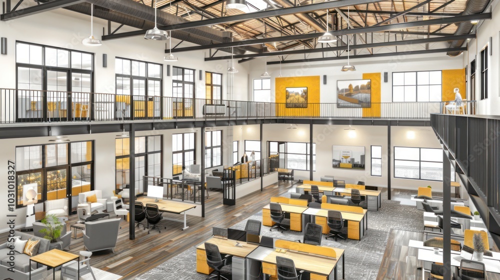 Modern Open-Plan Office Space with Exposed Beams and a Mezzanine Level Modern Open-Plan Office Space with Exposed Beams and a Mezzanine Level