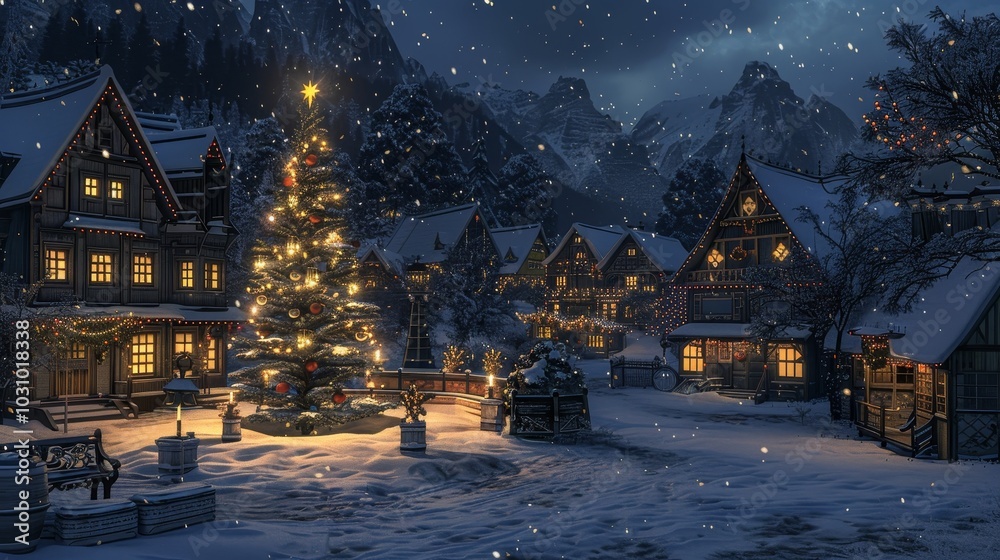 Enchanting Winter Wonderland Snowy Village at Night with Christmas Tree and Glowing Windows Enchanting Winter Wonderland Snowy Village at Night with Christmas Tree and Glowing Windows