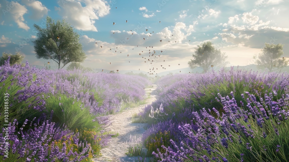 Lavender Bliss Tranquil Field with Bees Nature's Beauty in Bloom Lavender Bliss Tranquil Field with Bees Nature's Beauty in Bloom