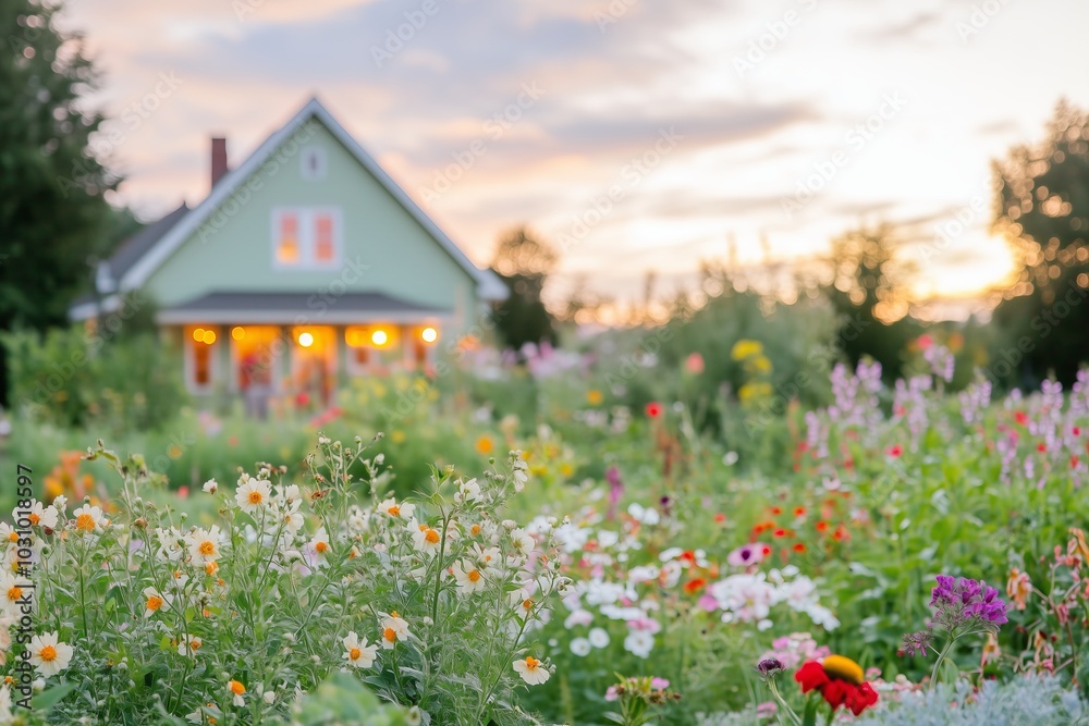 charming green farmhouse with warm lights glowing from the windows, surrounded by a vibrant, colorful garden filled with blooming flowers and greenery, set against a soft sunset sky charming green farmhouse with warm lights glowing from the windows, surrounded by a vibrant, colorful garden filled with blooming flowers and greenery, set against a soft sunset sky