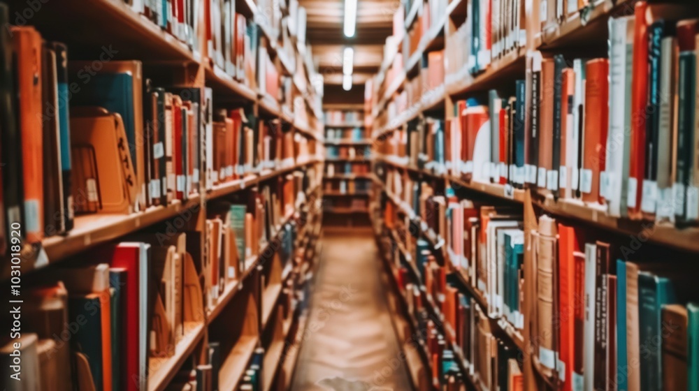 Rows of Blurry Books on Wooden Bookshelves in a Library Rows of Blurry Books on Wooden Bookshelves in a Library