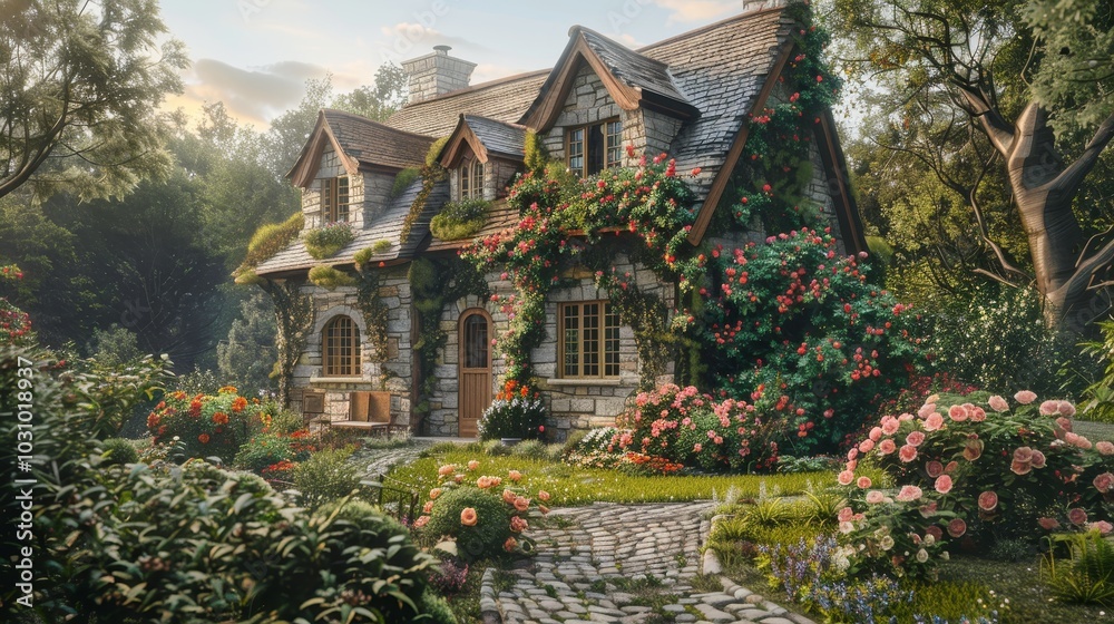 Fototapeta premium Enchanting English Countryside Escape Stone Cottage Oasis with Climbing Roses and Cobblestone Path