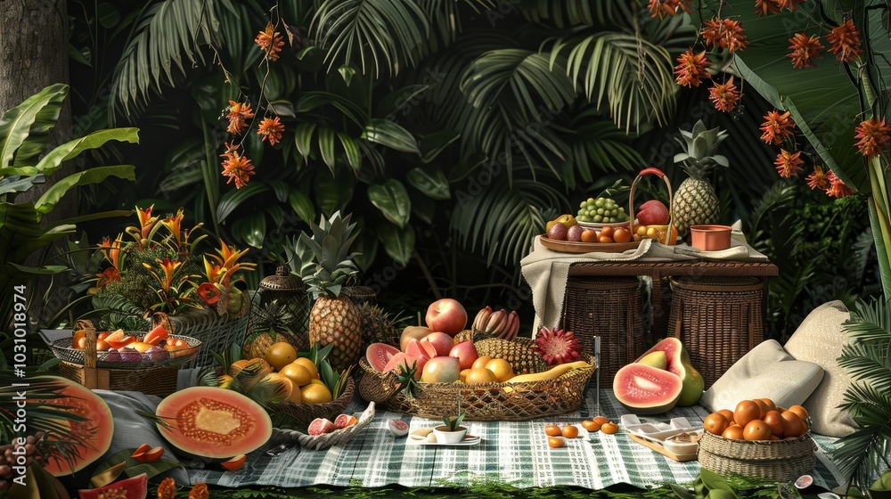 Tropical Bliss Lush Picnic Spread with Exotic Soursops in Paradise Tropical Bliss Lush Picnic Spread with Exotic Soursops in Paradise