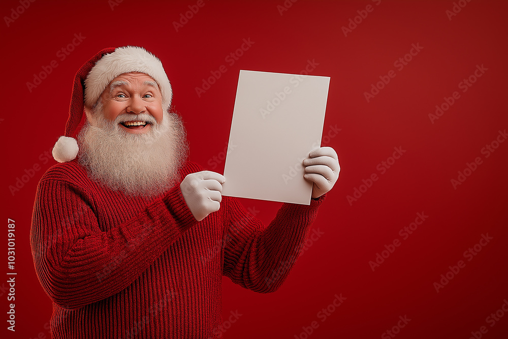 Naklejka premium Happy Santa Claus Holding Blank White Sign for Christmas Holiday Message or Promotional Text on Red Background for Seasonal Marketing Concept Photography