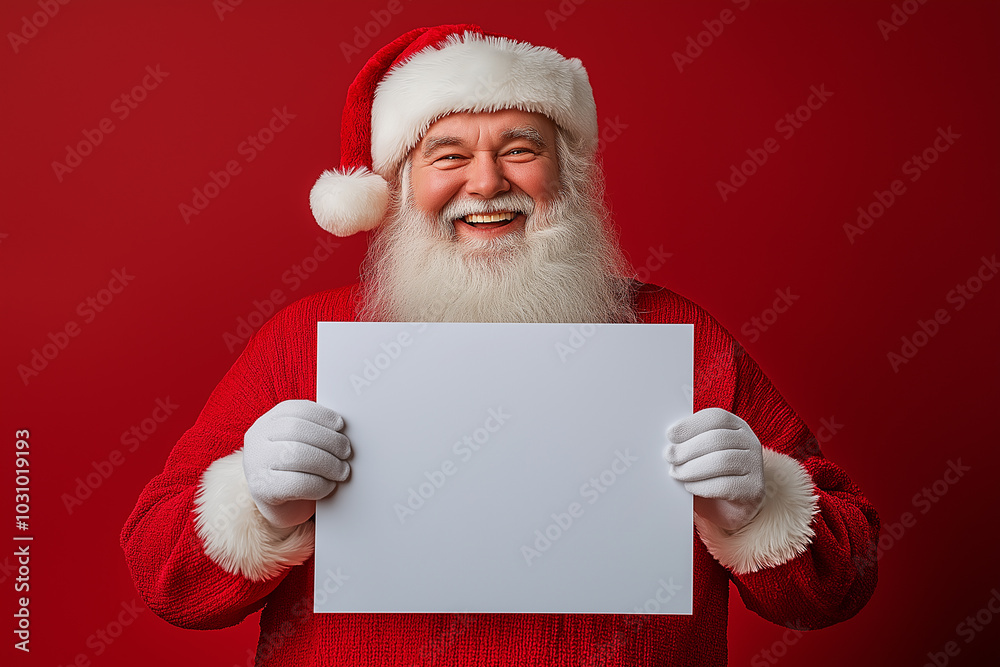 Naklejka premium Happy Santa Claus Holding Blank White Sign for Christmas Holiday Message or Promotional Text on Red Background for Seasonal Marketing Concept Photography