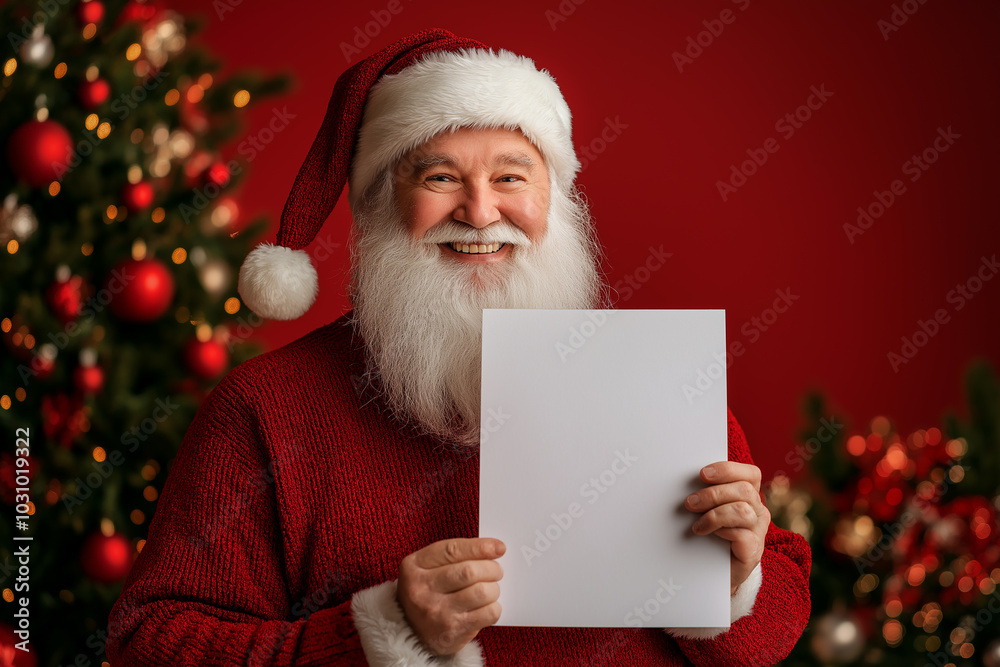 Naklejka premium Happy Santa Claus Holding Blank White Sign for Christmas Holiday Message or Promotional Text on Red Background for Seasonal Marketing Concept Photography