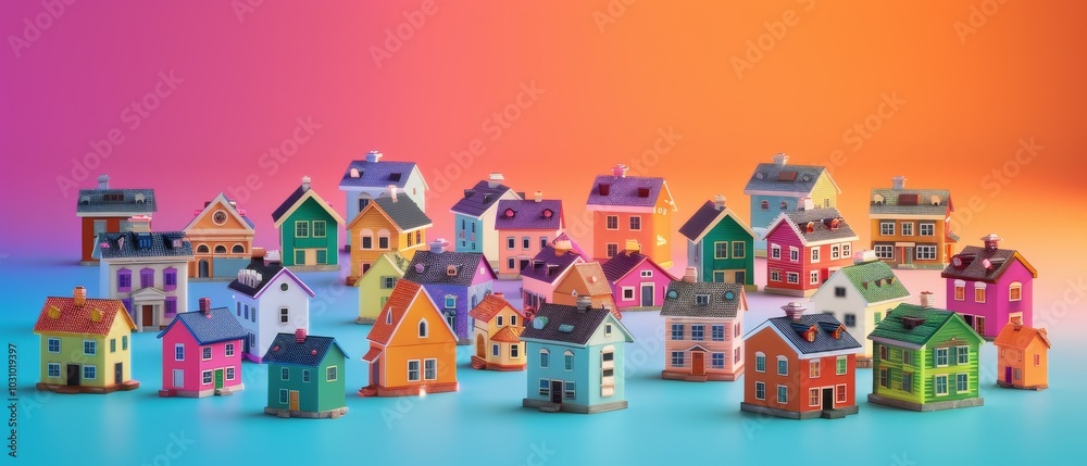 An artistic depiction showcasing mortgage real estate themes with 3D colorful miniature houses set An artistic depiction showcasing mortgage real estate themes with 3D colorful miniature houses set
