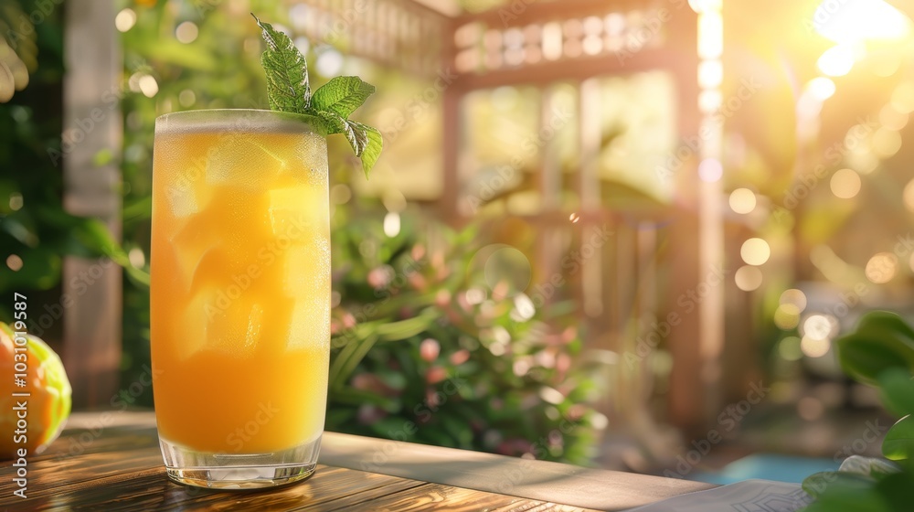 Sunny Delight Pawpaw Juice in a Tall Glass with Mint Leaf Refreshing Beverage Concept for Summer Sunny Delight Pawpaw Juice in a Tall Glass with Mint Leaf Refreshing Beverage Concept for Summer