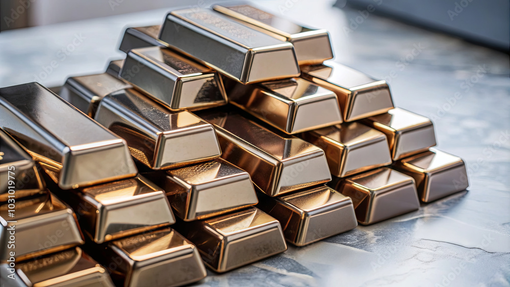 A collection of shiny gold bars is carefully stacked on a sleek, polished surface, reflecting light and emphasizing their opulent appearance. This arrangement conveys a sense of prosperity A collection of shiny gold bars is carefully stacked on a sleek, polished surface, reflecting light and emphasizing their opulent appearance. This arrangement conveys a sense of prosperity