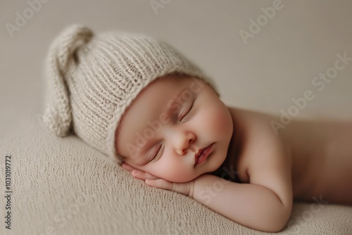 Portrait of newborn baby with sleeping cap in a photo shoot