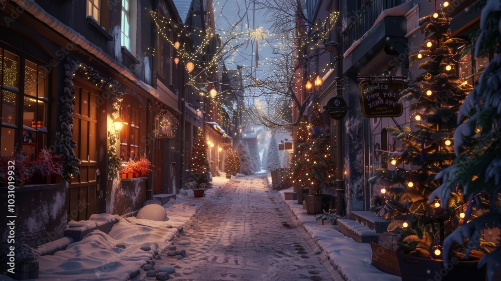 Winter Wonderland Cozy Alley adorned with Festive Lights in a Snowy Town Winter Wonderland Cozy Alley adorned with Festive Lights in a Snowy Town