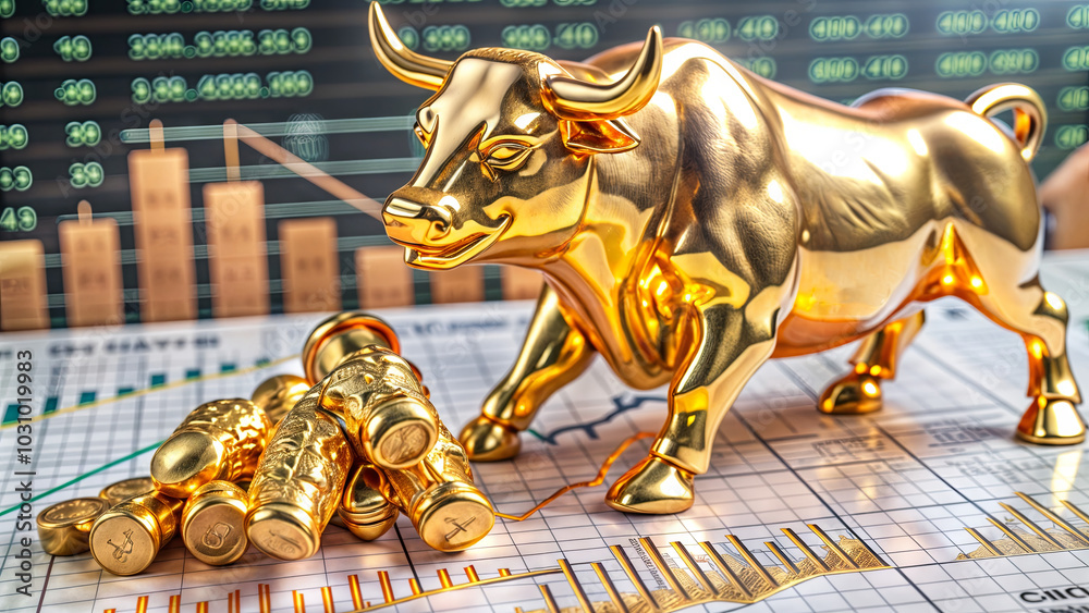 Fototapeta premium A shiny golden bull sculpture sits among scattered coins on a chart displaying market trends. This setup highlights the dynamism of investments and bullish market sentiment