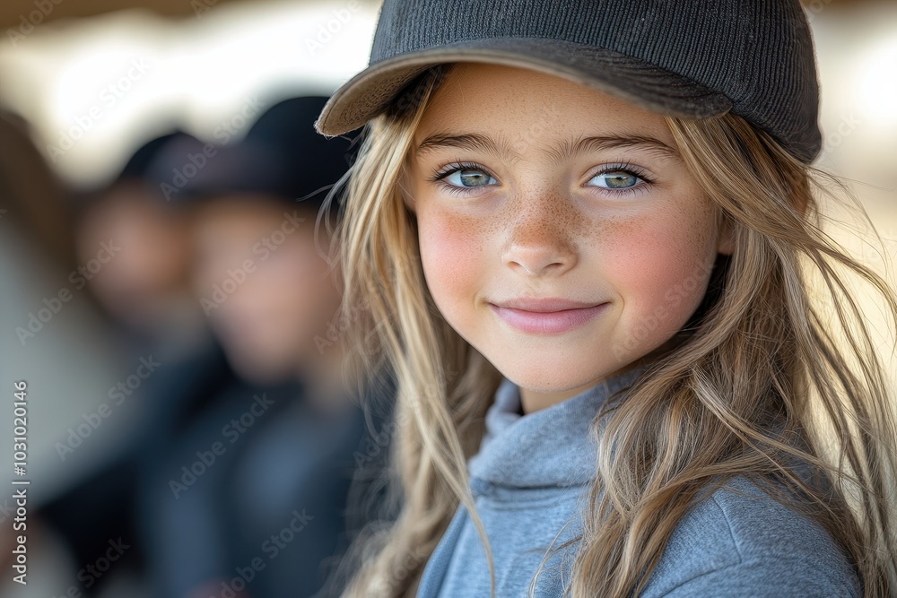 Portrait of a Happy Girl in a Riding Helmet with Friends at an Equestrian Center on a Sunny Day, with Soft Bokeh Effect
