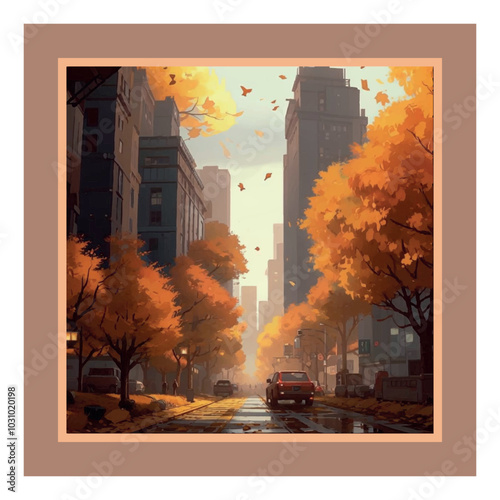 Print cityscape vector for printing on background color Mocha Mousse - color of 2025 according to Pantone