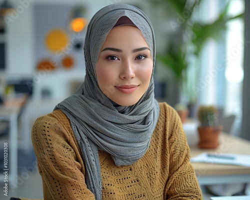 A woman in a hijab leading a team meeting. photo