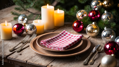 plate wooden fir tree branch, pine cone, candles, holiday background vintage