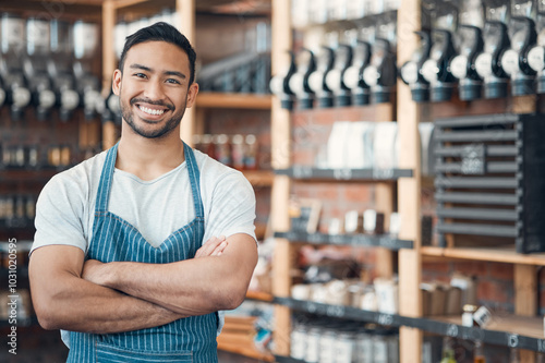 Portrait, small business and asian man with arms crossed for coffee shop, professional and pride for job. Smile, male person and happy barista in cafe for hospitality, customer service and confidence photo