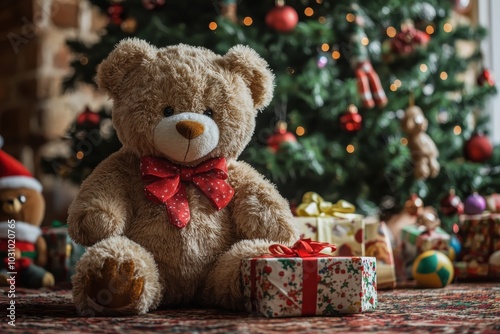 Festive Christmas Teddy Bear with Holiday Gift Box, Surrounded by Christmas Tree and Decorations in a Cozy Winter Scene, Ai Generation
