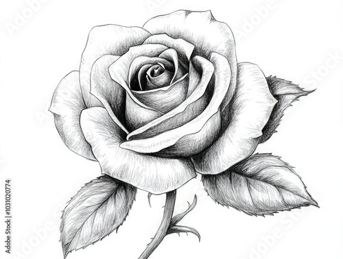 Black and white sketch a single rose with elegant detailing