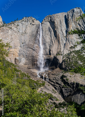 Sunny view of the Upper Yosemite Falls in Yosemite National Park