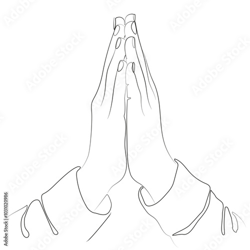 Hands in prayer one line art vector illustration. Single line drawing of hands clasped in prayer. Hands gesture. Praying, gratitude position hand drawn.