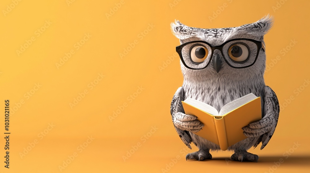 A Cartoon Owl Wearing Glasses Reads a Yellow Book A Cartoon Owl Wearing Glasses Reads a Yellow Book