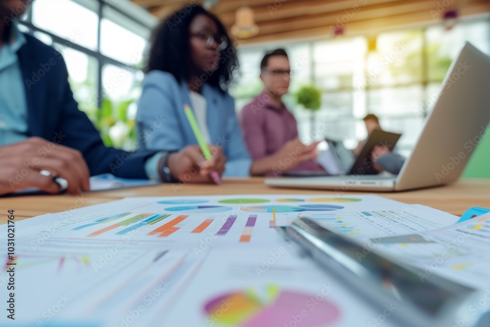 Close up of diverse businesspeople gather at office desk discuss company financial paperwork at meeting together, multiracial colleagues brainstorm work with documents at briefing in boardroom