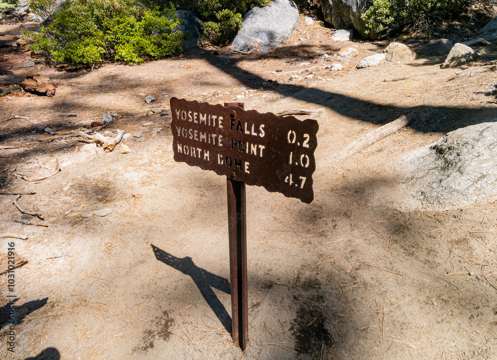 Close up shot of the signage of The fall at Yosemite National Park